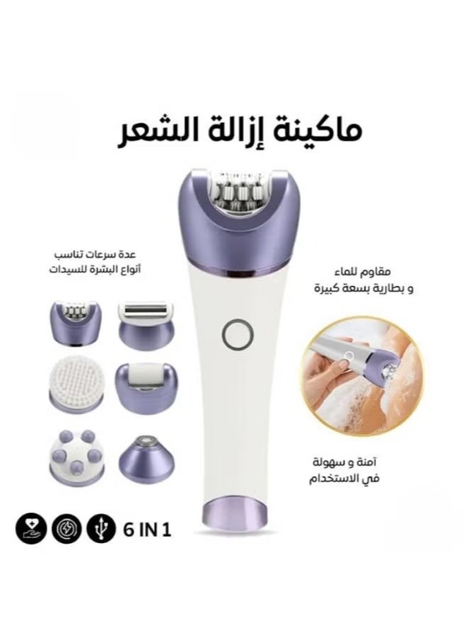 Denx 6-in-1 Cordless Rechargeable Epilator for Women with Dual Speed LED Light Shaver Callus Remover Massage and Facial Cleaning Heads for Legs and Arms - Image 1
