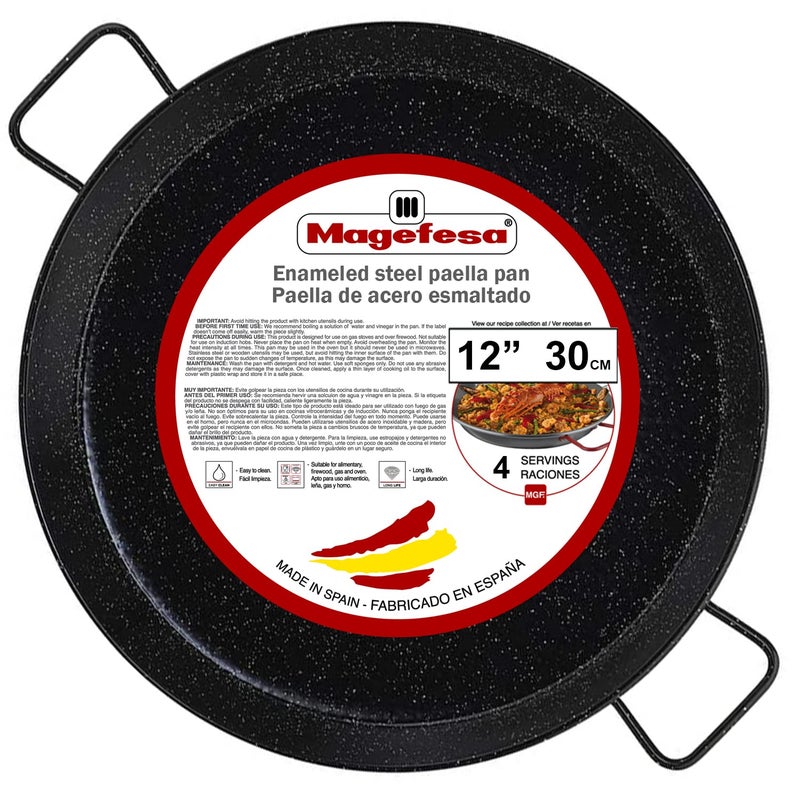 MAGEFESA 12 Enameled Steel Paella Pan  30cm  4 Servings Ideal for Outdoor Cooking and Making Your Own Traditional Valencian Paella Easy Cleaning