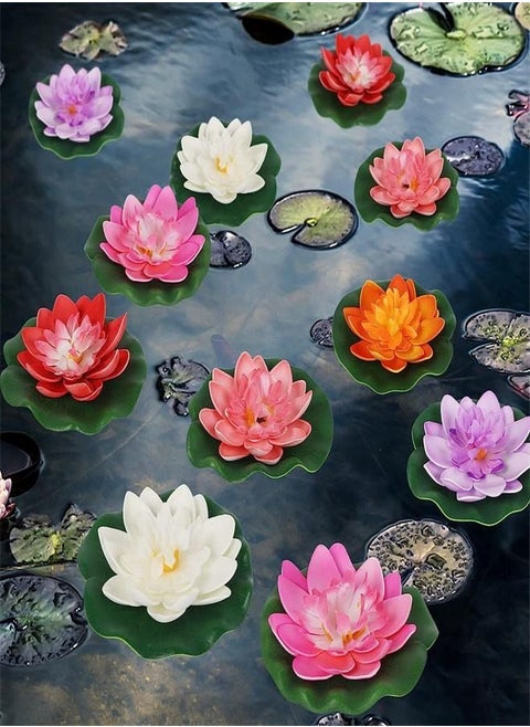 12 Pcs Artificial Floating Foam Lotus Flower with Water Lily Pad, Lifelike Ornanment Perfect for Home Garden Pond Decoration