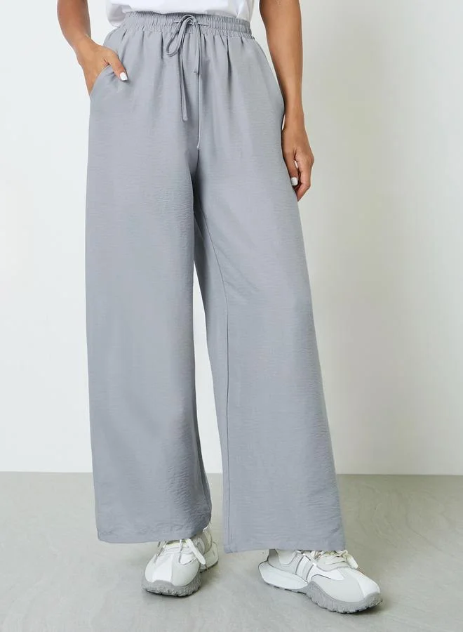 Take Two Grey Wide-Leg Palazzo Pants With Drawstring Waist