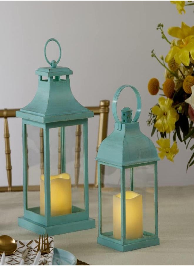 Kate Aspen - Kate Aspen LED Vintage Decorative Blue Lantern - Marrakesh (Set of 2) -Rustic Home Farmhouse Décor Lantern, One Size - Image 1