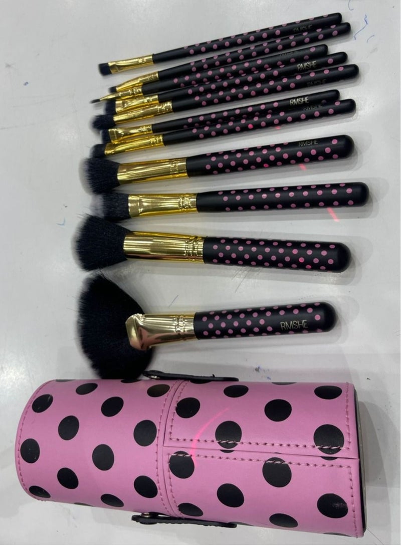 RMSHE Dotted makeup brushes set with bag black gold pink  - Image 2