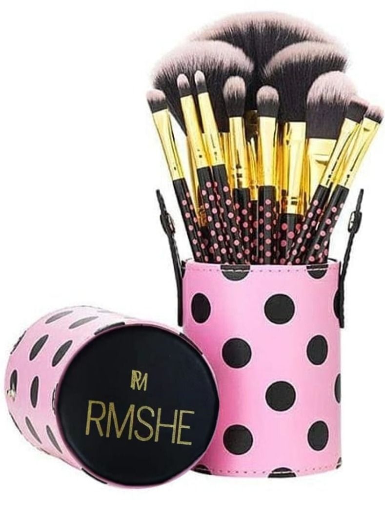 RMSHE Dotted makeup brushes set with bag black gold pink  - Image 1