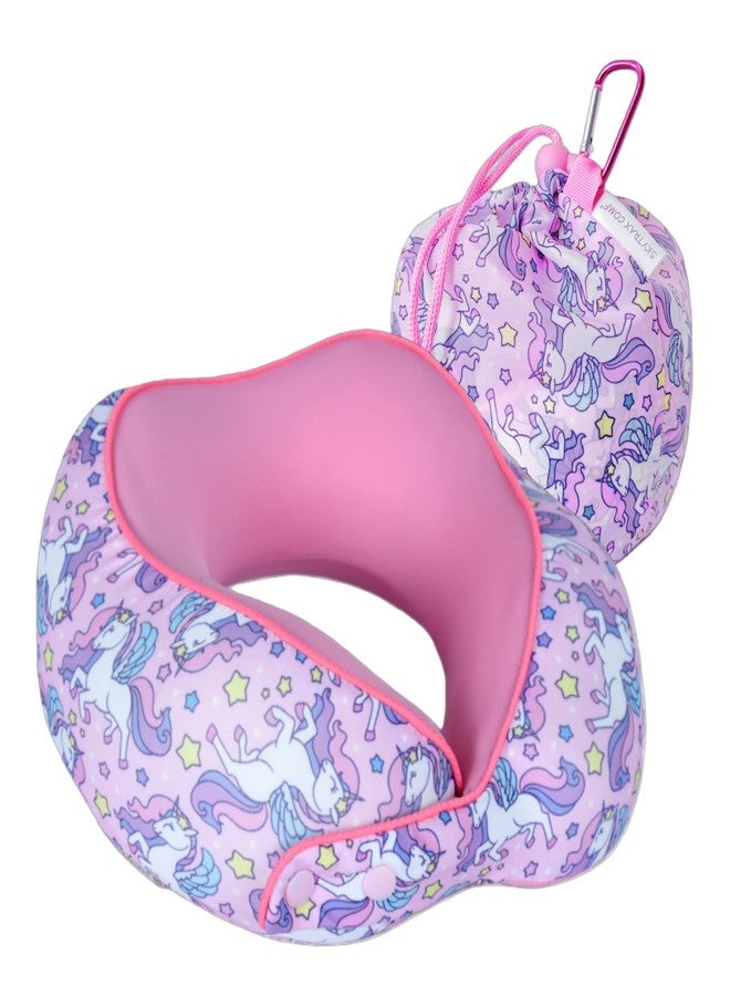 SKYTRAX COMF SKYTRAX® Certified Kids Safe Memory Foam Travel Neck Pillows for Kids and Toddlers, Cute Cartoon Design, Car Seat & Airplane Head Neck Support, Adjustable Snap Buttons, Washable Soft Cover (Unicorn) - Image 1