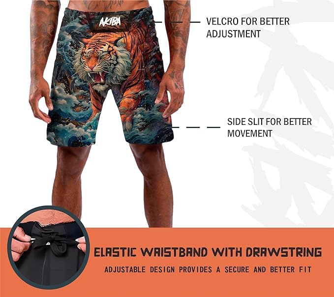 AKIBA Combat MMA Sublimation Printing Training Shorts for Kickboxing Muay Thai BJJ Boxing Grappling | 4 Way Lycra Relaxed Fit Knee Length Fighting | Sportswear | Multi Colour 34 (Size, L) - Image 4