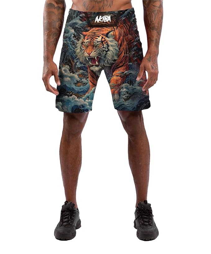 AKIBA Combat MMA Sublimation Printing Training Shorts for Kickboxing Muay Thai BJJ Boxing Grappling | 4 Way Lycra Relaxed Fit Knee Length Fighting | Sportswear | Multi Colour 34 (Size, L) - Image 1