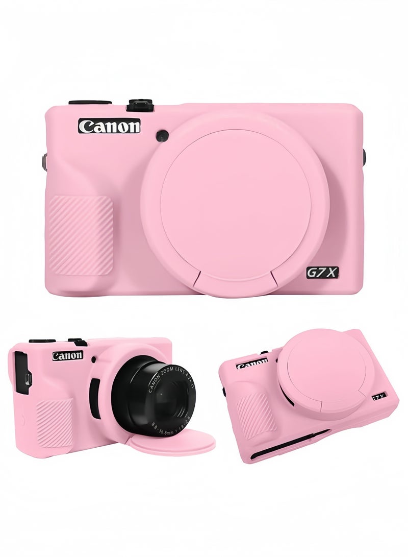 جراب حماية فاخر من السيليكون الناعم مع غطاء عدسة قابل للإزالة للكاميرا الرقمية Canon PowerShot G7X Mark III - قابل للغسل، خفيف الوزن، وحماية أنيقة - باللون الوردي - Image 1