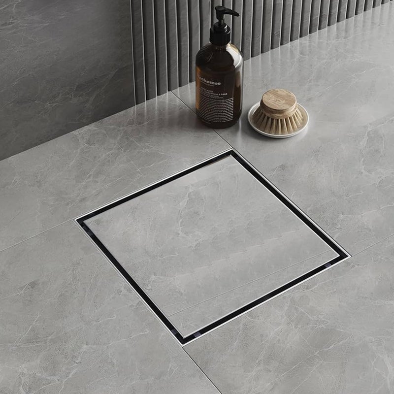 RUHE تصريف أرضي مدمج من Ruhe® | 8 × 8 بوصات تصريف مياه الصرف الصحي للأرضيات لقرميد 13 مم | قناة تصريف دش غير مرئية من الفولاذ المقاوم للصدأ 304 مع مصيدة صراصير من الفولاذ المقاوم للصدأ - Image 1