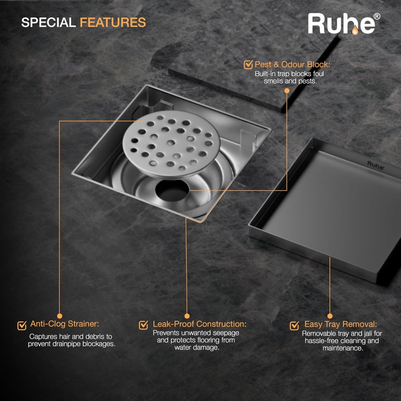 RUHE تصريف أرضي مدمج من Ruhe® | 8 × 8 بوصات تصريف مياه الصرف الصحي للأرضيات لقرميد 13 مم | قناة تصريف دش غير مرئية من الفولاذ المقاوم للصدأ 304 مع مصيدة صراصير من الفولاذ المقاوم للصدأ - Image 5