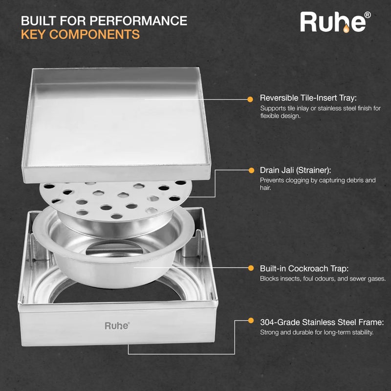 RUHE تصريف أرضي مدمج من Ruhe® | 8 × 8 بوصات تصريف مياه الصرف الصحي للأرضيات لقرميد 13 مم | قناة تصريف دش غير مرئية من الفولاذ المقاوم للصدأ 304 مع مصيدة صراصير من الفولاذ المقاوم للصدأ - Image 4