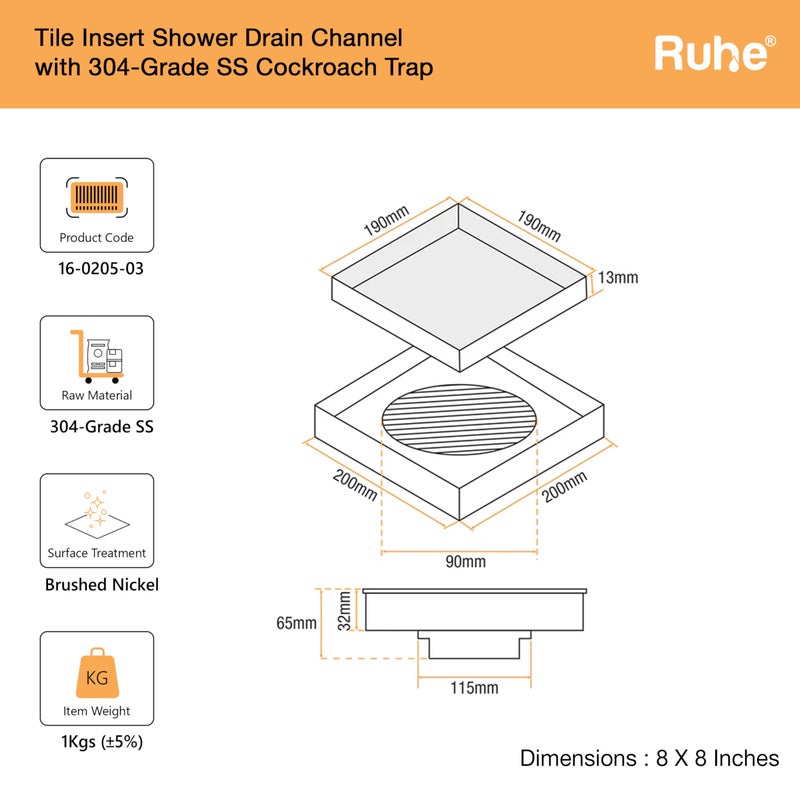 RUHE تصريف أرضي مدمج من Ruhe® | 8 × 8 بوصات تصريف مياه الصرف الصحي للأرضيات لقرميد 13 مم | قناة تصريف دش غير مرئية من الفولاذ المقاوم للصدأ 304 مع مصيدة صراصير من الفولاذ المقاوم للصدأ - Image 2