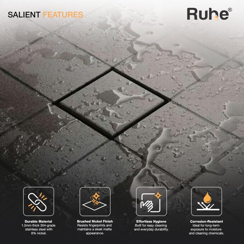RUHE تصريف أرضي مدمج من Ruhe® | 8 × 8 بوصات تصريف مياه الصرف الصحي للأرضيات لقرميد 13 مم | قناة تصريف دش غير مرئية من الفولاذ المقاوم للصدأ 304 مع مصيدة صراصير من الفولاذ المقاوم للصدأ - Image 3