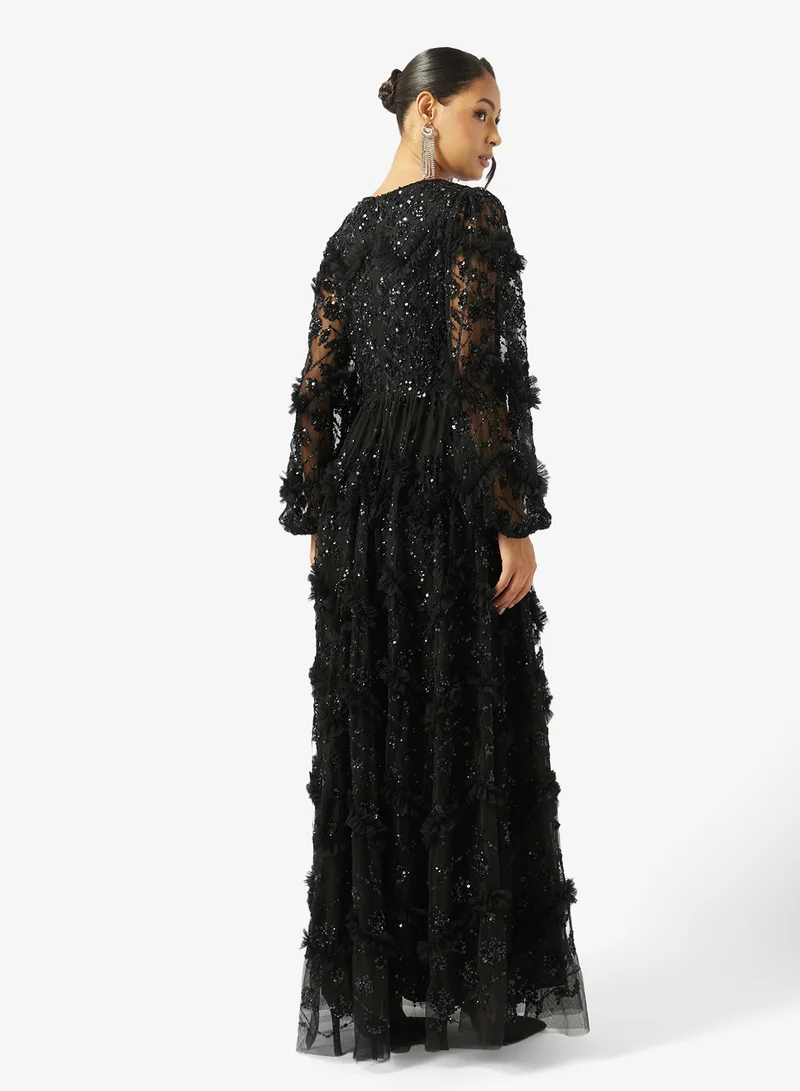 مايا All Over Embellished Ruffle Detail Blouson Sleeve Maxi Dress