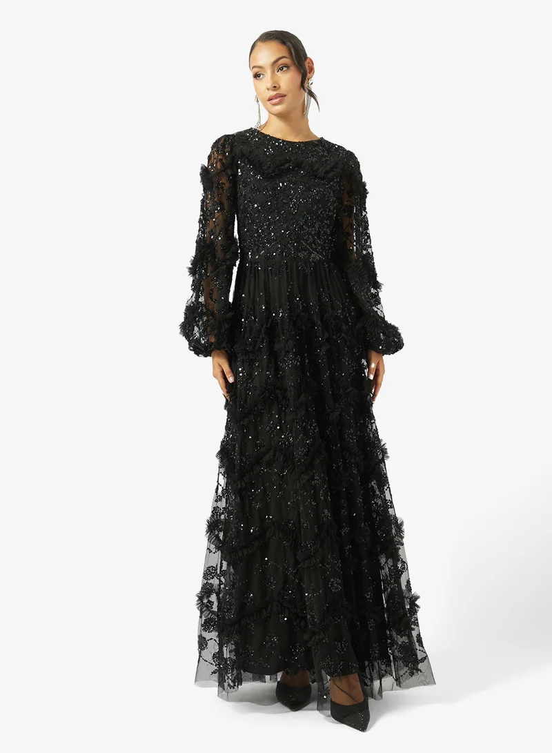 مايا All Over Embellished Ruffle Detail Blouson Sleeve Maxi Dress