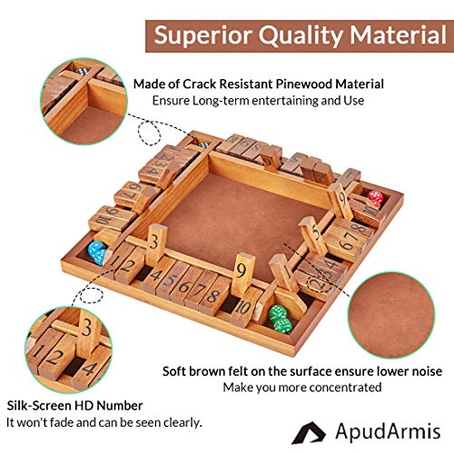 ApudArmis 4Way Shut The Box Large Wooden Board Game Set with Dice 4 Ways Play ShutTheBox for Teens Learning Addtion Adults Classroom Home Party Pub 12 in - Image 5