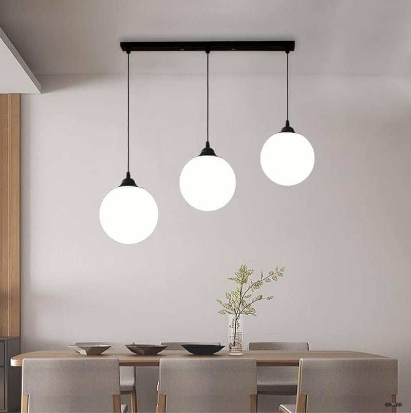 Modern Globe Pendant Light Fixture, 3-Light Linear Track, White Glass Spheres, Black Metal Track, Dining Room Ceiling Lamp - Image 1