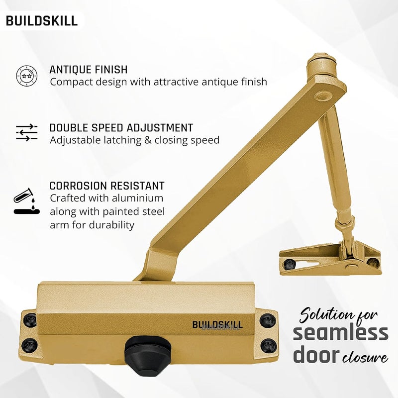 BUILDSKILL Hydraulic Door Closer with Scissors Arm, Door Closer for Wooden Door, Aluminium, Metal Door, Automatic Door Closer for Home, Door Stopper with Adjustable Speed, 65 Kg, Antique (Pack of 1) - Image 4