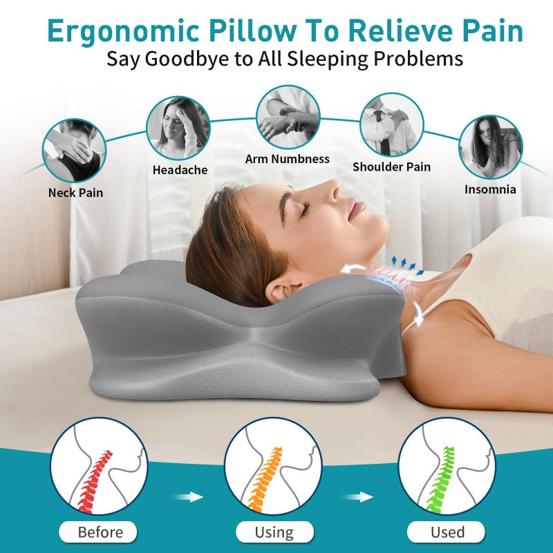 Cervical Neck Pillow for Pain Relief - Ergonomic Memory Foam Pillow with Breathable Cooling Cover (Blue) - Image 3