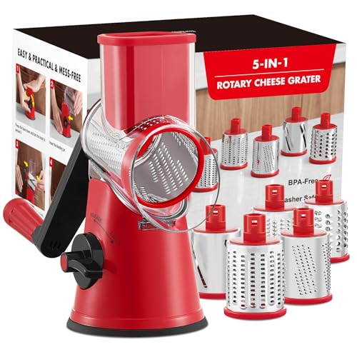 GDL Rotary Cheese Grater, Upgraded 5-in-1 Cheese Grater Hand Crank, Multi-purpose Cheese Shredder with Handle, Vegetable Slicer Cutter Ice Shaver for Potato, Carrot, Nuts, Chocolate - Image 1
