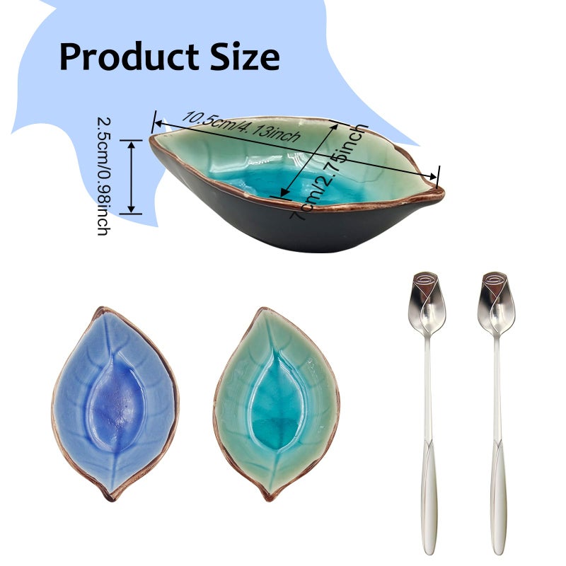 LYMOI 2 Pack Coffee Spoon and Leaf Rest Set, Ice Cracks Leaf Ladle Holder, Tea Spoon Rest for Kitchen Counter, Dining Table, Coffee Bar Teaspoon Rest with Spoon (Lake blue and Sapphire) - Image 2