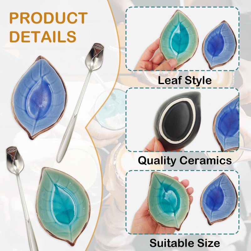 LYMOI 2 Pack Coffee Spoon and Leaf Rest Set, Ice Cracks Leaf Ladle Holder, Tea Spoon Rest for Kitchen Counter, Dining Table, Coffee Bar Teaspoon Rest with Spoon (Lake blue and Sapphire) - Image 3
