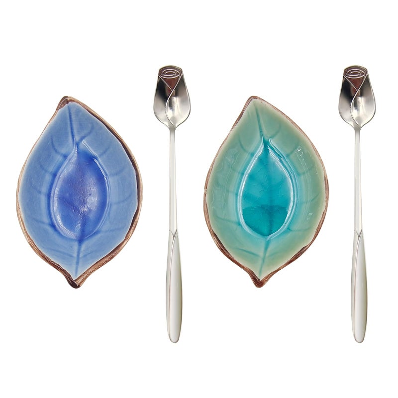 LYMOI 2 Pack Coffee Spoon and Leaf Rest Set, Ice Cracks Leaf Ladle Holder, Tea Spoon Rest for Kitchen Counter, Dining Table, Coffee Bar Teaspoon Rest with Spoon (Lake blue and Sapphire) - Image 1