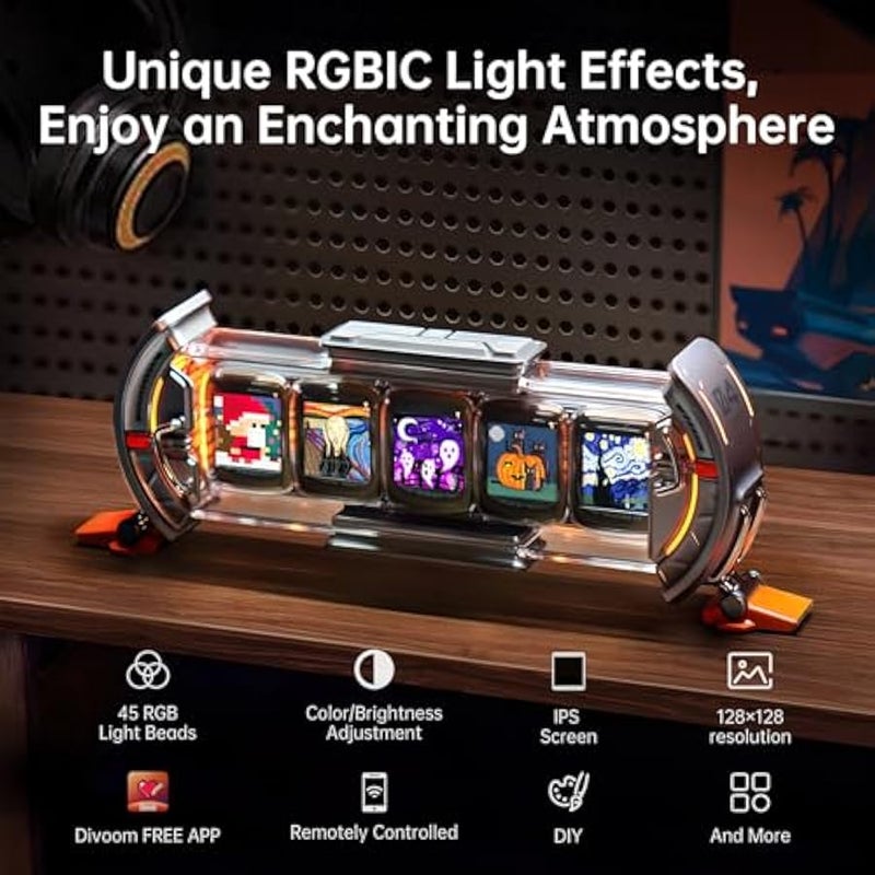 Divoom Times Gate - Cyberpunk Gaming Setup Digital Alarm Clock, Smart APP, WiFi Connect, RGB LED Display, Personalized Financial & Bitcoin Dashboard, Pixel Art for Gaming Room & Office Decor, Silver - Image 4