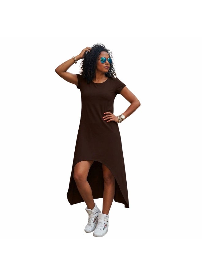 Women's scuba dress with short sleeves, brown color, one size fits 50-75 kg, asymmetrical design - Image 1