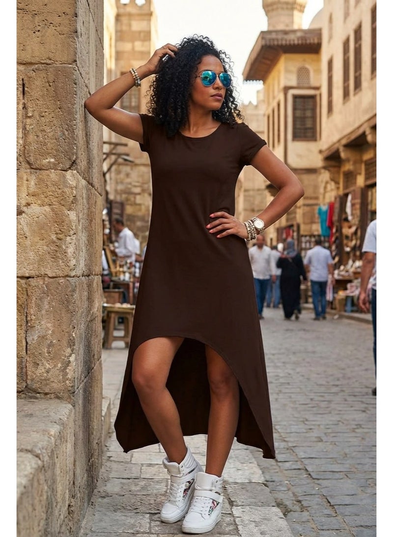 Women's scuba dress with short sleeves, brown color, one size fits 50-75 kg, asymmetrical design - Image 2