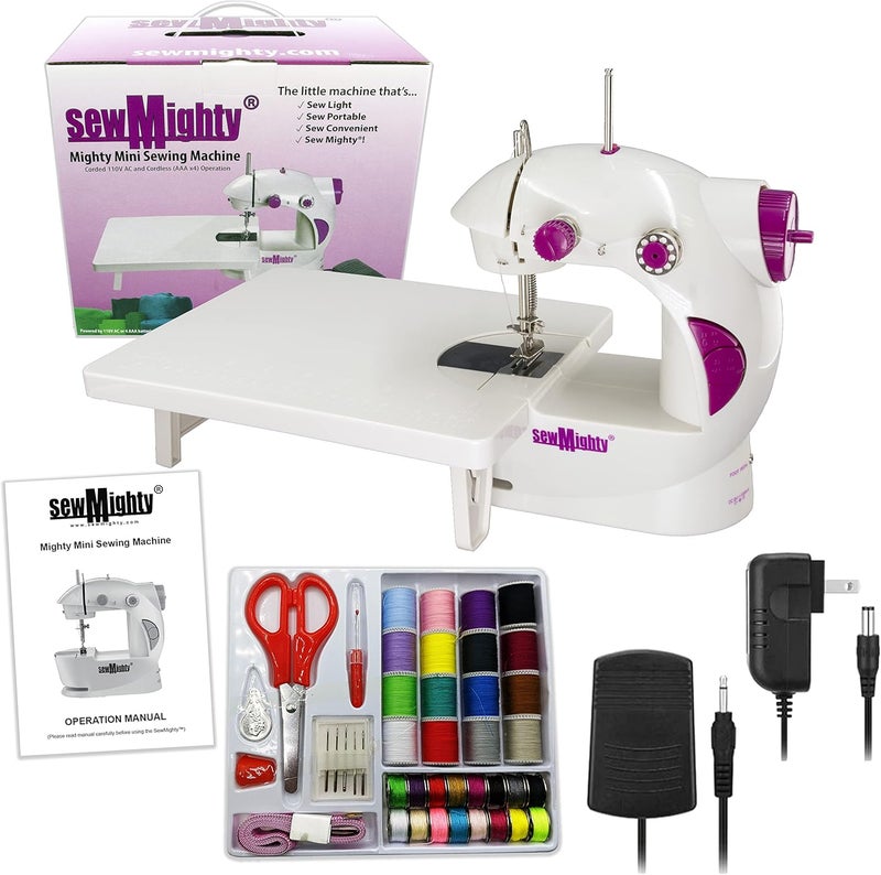 Sew Mighty ماكينات الخياطة المحمولة الأصلية - مثالية للأطفال والسفر والإصلاحات السريعة والمشاريع الصغيرة - سرعة مزدوجة، طاقة بطارية وAC، وحدة تحكم بدواسة القدم والمزيد (مجموعة ميني مايتي) - Image 1