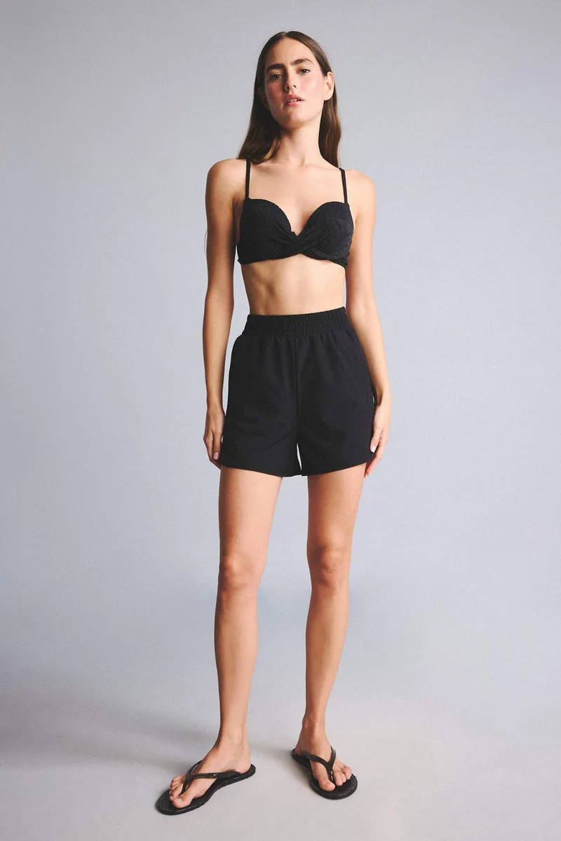 Regular Fit Elastic Waist Black Short Swim Shorts