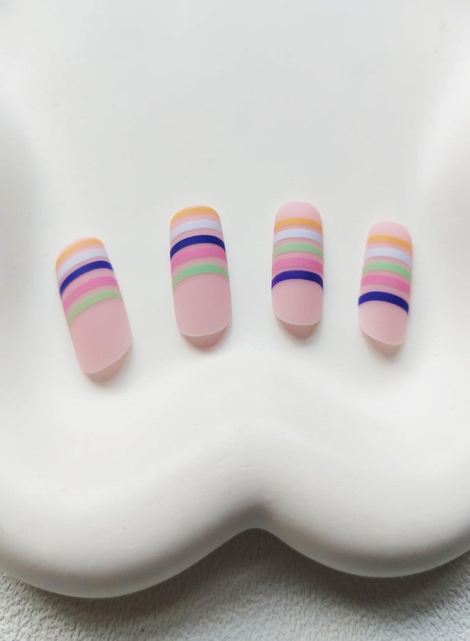 KKUUOO Press on Nails Medium,Square French Fake Nails with Colorful Line Design Full Cover False Nails Cute Matte Nails Glossy Glue on Nails Stick on Nails Artificial Nails for Women Girls 24Pcs - Image 2