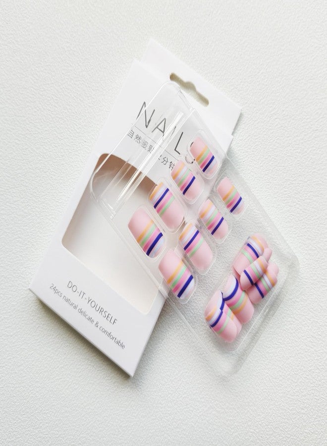KKUUOO Press on Nails Medium,Square French Fake Nails with Colorful Line Design Full Cover False Nails Cute Matte Nails Glossy Glue on Nails Stick on Nails Artificial Nails for Women Girls 24Pcs - Image 4