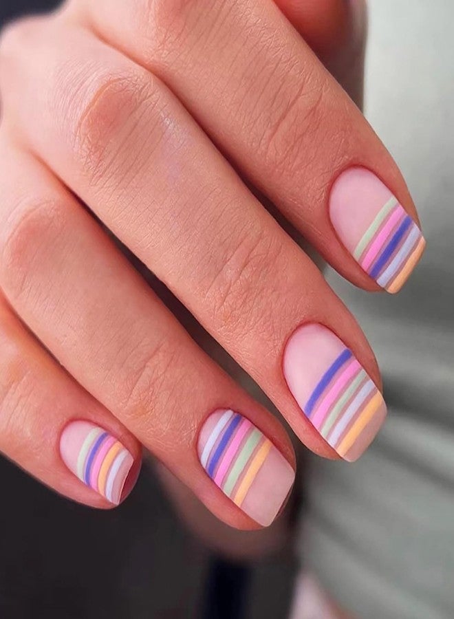 KKUUOO Press on Nails Medium,Square French Fake Nails with Colorful Line Design Full Cover False Nails Cute Matte Nails Glossy Glue on Nails Stick on Nails Artificial Nails for Women Girls 24Pcs - Image 1