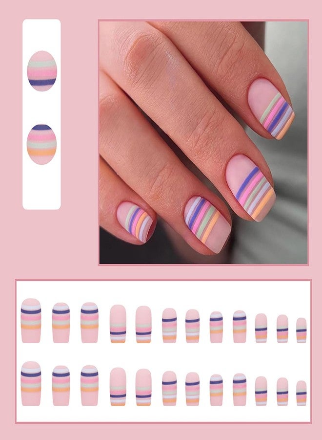 KKUUOO Press on Nails Medium,Square French Fake Nails with Colorful Line Design Full Cover False Nails Cute Matte Nails Glossy Glue on Nails Stick on Nails Artificial Nails for Women Girls 24Pcs - Image 5