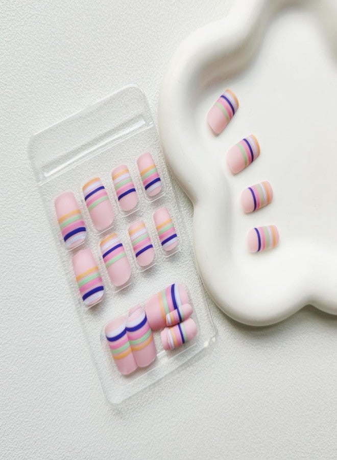 KKUUOO Press on Nails Medium,Square French Fake Nails with Colorful Line Design Full Cover False Nails Cute Matte Nails Glossy Glue on Nails Stick on Nails Artificial Nails for Women Girls 24Pcs - Image 3