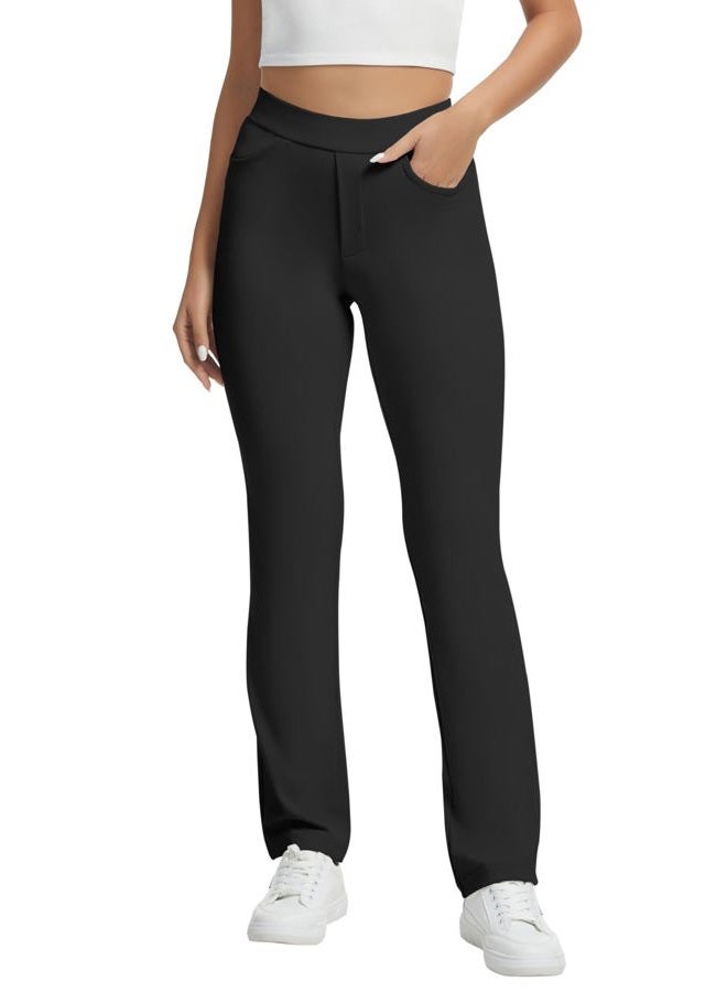 VIMPEP Straight Leg Yoga Dress Pants for Women Pull On High Waisted Work Pants Woman Business Casual Office Slacks with Pockets Petite Regular 29 Black L - Image 1