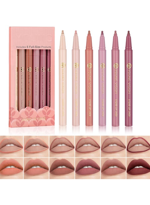 6Pcs Liquid Waterproof Lip Liner Set, Lip Stain Tint Marker Pen, Gourd-Shaped Precise Chisel Tip for Smooth Application, Easy Glide, Nude Brown Matte Shades, Non Feathering, Rich Color