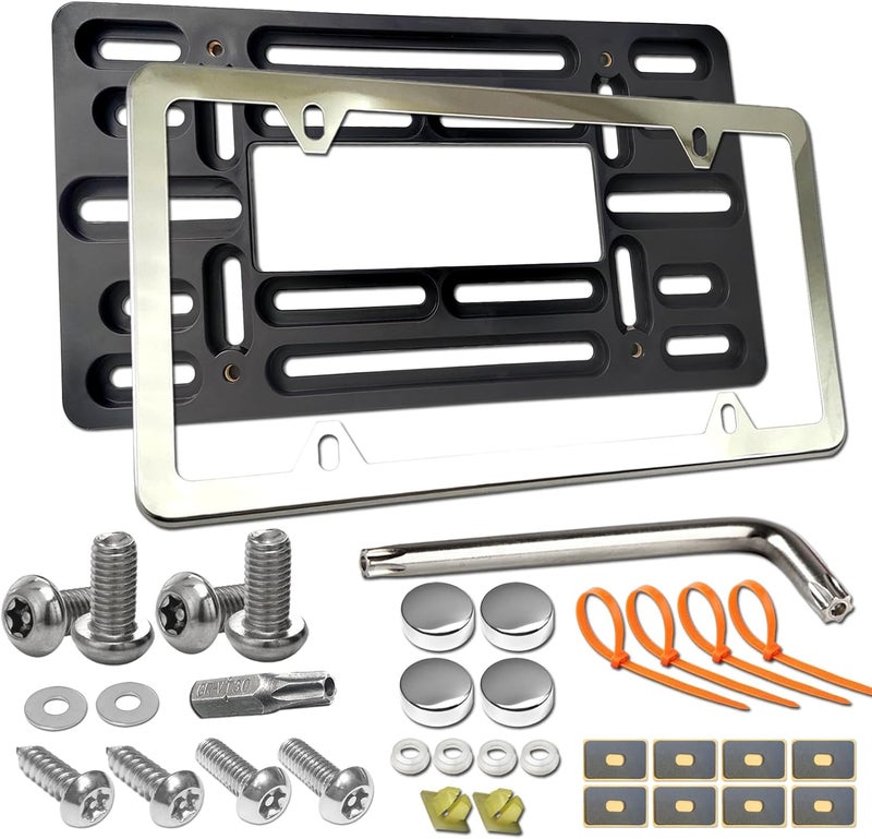 AOOTF Front License Plate Bracket- Universal Front Bumper Plate Mounting Kit, Car Tag Holder Adapter& Stainless Steel Plate Cover, Anti-Theft Lock Screws, Caps, Nuts, for US Vehicle Trailer Truck - Image 1