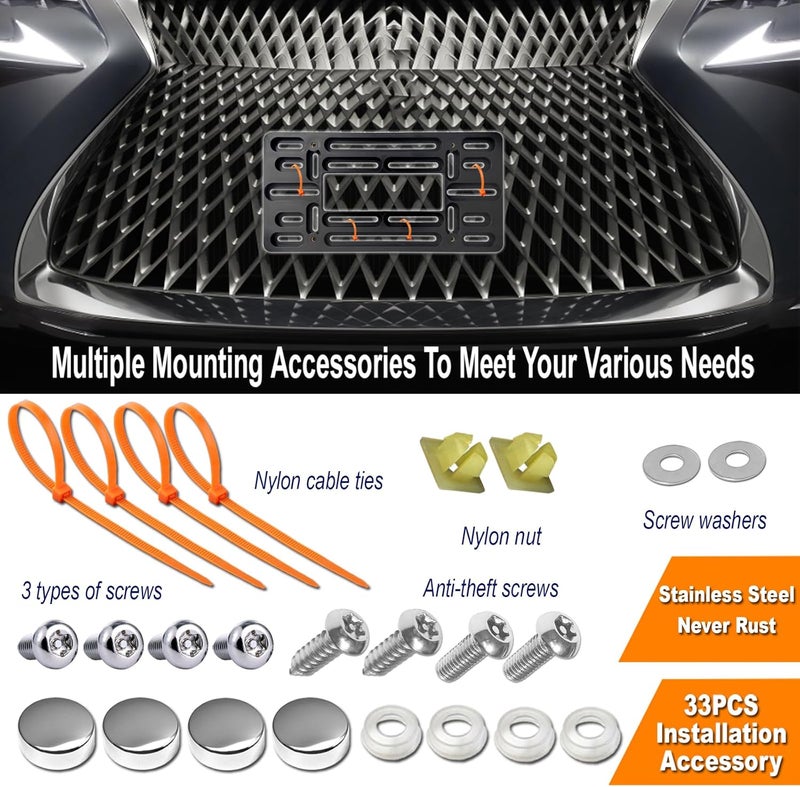 AOOTF Front License Plate Bracket- Universal Front Bumper Plate Mounting Kit, Car Tag Holder Adapter& Stainless Steel Plate Cover, Anti-Theft Lock Screws, Caps, Nuts, for US Vehicle Trailer Truck - Image 5