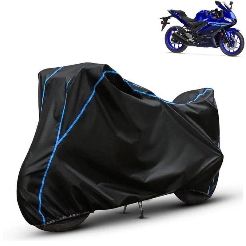 FAVY Water Resistant Bike Cover Compatible with Yamaha YZF-R3, Rain, UV, Dust and Scratch Proof, All-Weather Proof Full Body Bike Cover, Black with Blue Piping, Triple Stitched with Elastic Bottom - Image 1