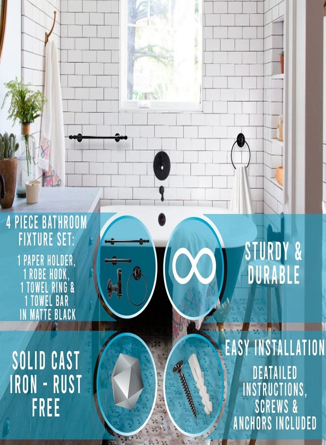 Comfify Industrial Pipe Decor Set for Bathroom - 4 Piece Bathroom Fixture Set: 1 Paper Holder, 1 Robe Hook, 1 Towel Ring & 1 Towel Bar in Matte Black - Farmhouse Bath Accessories/w Screws & Anchors - Square - Image 2