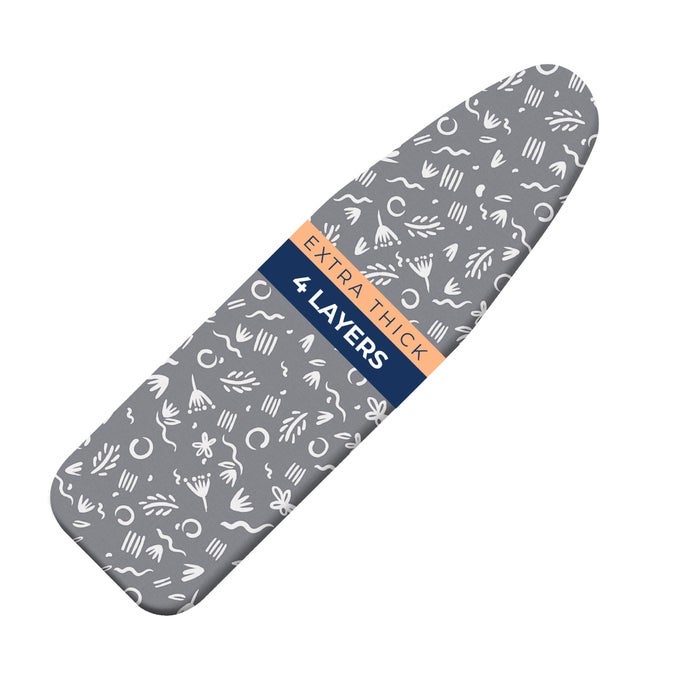 IRONING BOARD COVER AND PAD EXTRA THICK HEAVY DUTY PADDED MULTIPLE LAYERS SILVER COATED IRONING BOARD COVER NON STICK SCORCH AND STAIN RESISTANT STANDARD SIZE 15X54 WITH ELASTICIZED EDGES SOFT GREY