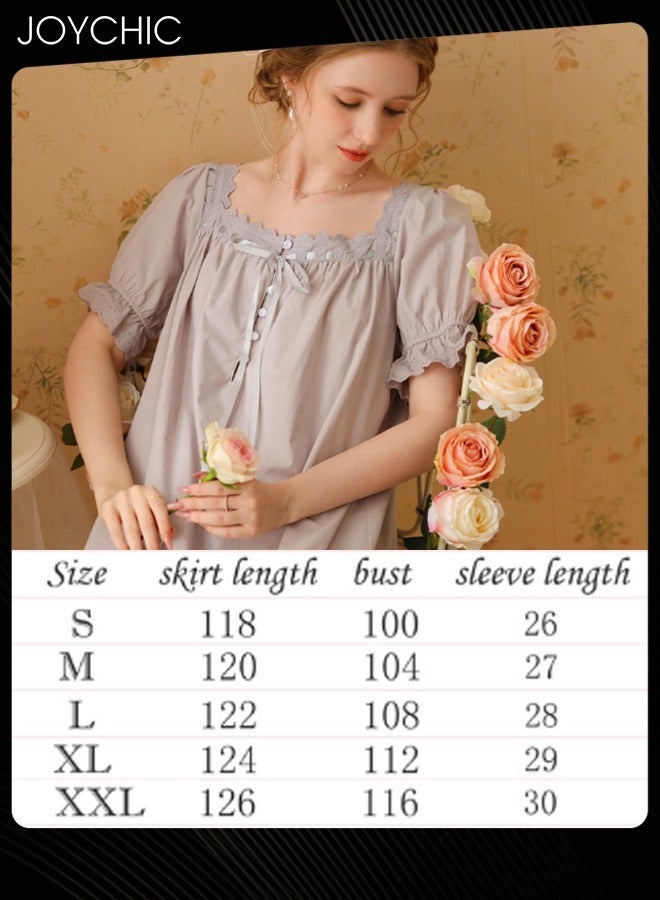 Joychic Retro French Sweet Princess Style Night Dress Short-sleeved Long Nightgown Spring Summer Autumn Cotton Breathable Sleepwear for Women Grey - Image 5