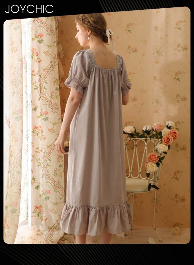 Joychic Retro French Sweet Princess Style Night Dress Short-sleeved Long Nightgown Spring Summer Autumn Cotton Breathable Sleepwear for Women Grey - Image 4