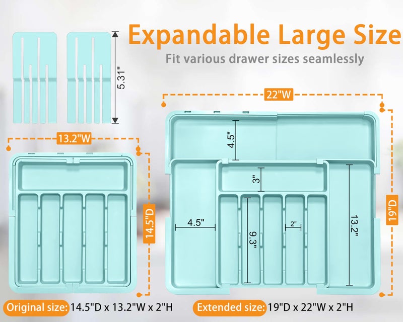 Homecor Silverware Organizer - Expandable Large Kitchen Drawer Organizer Utensil Organizer with 2 Knife Block Inserts, 22"x 19"Cutlery Tray with Drawer Dividers for Kitchen Flatware (Turquoise) - Image 2