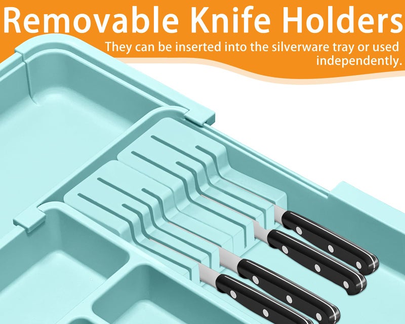 Homecor Silverware Organizer - Expandable Large Kitchen Drawer Organizer Utensil Organizer with 2 Knife Block Inserts, 22"x 19"Cutlery Tray with Drawer Dividers for Kitchen Flatware (Turquoise) - Image 4