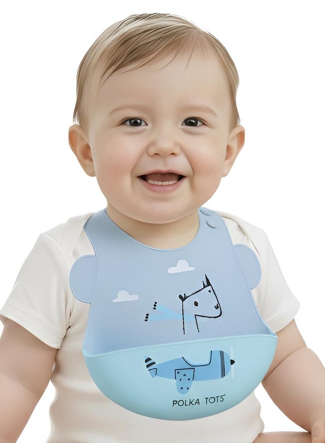 POLKA TOTS Waterproof Silicone Bibs with Adjustable Snap Buttons, Super Absorbent, Soft, Comfortable & Lightweight for Feeding Infants & Baby Toddlers (Aeroplane, 4 Months to 3 Years) - Image 1