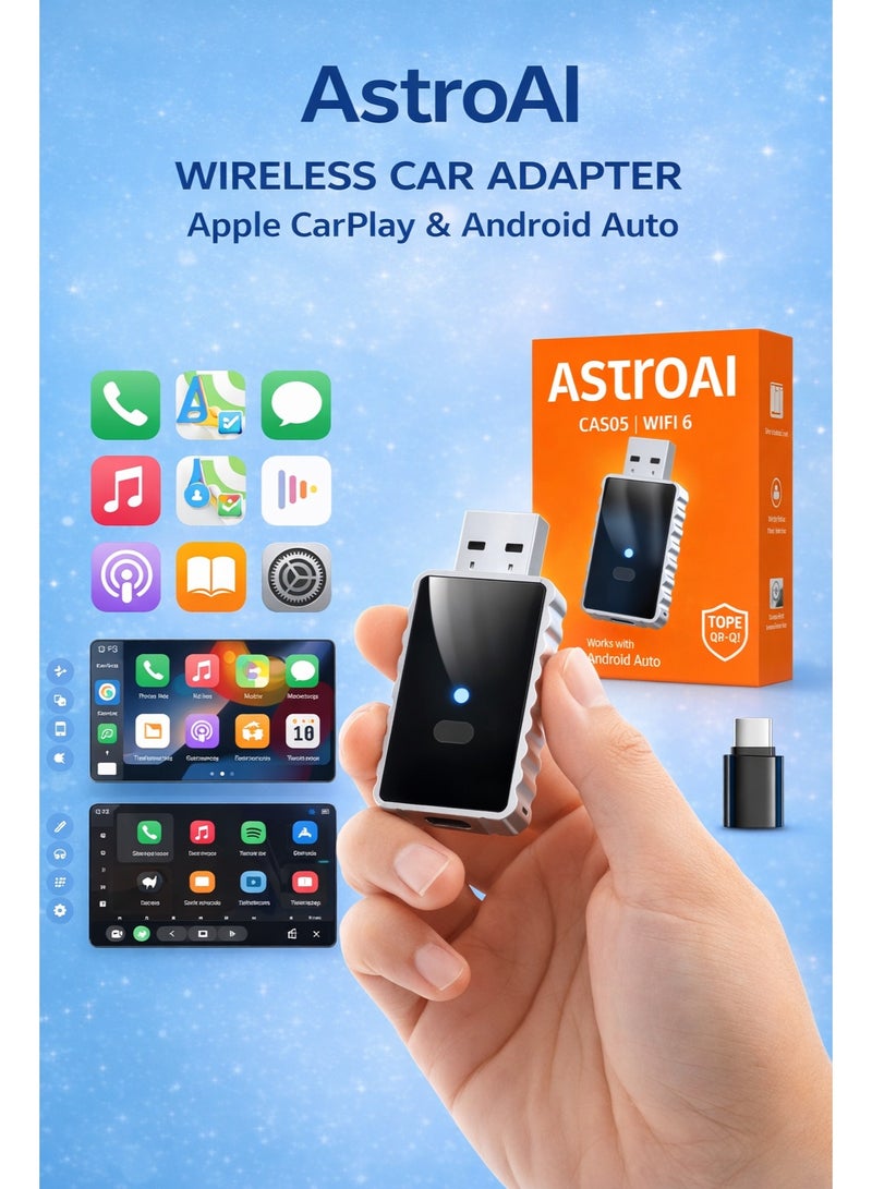 أسترواي AstroAI Wireless Carplay Adapter مع لوحة زجاجية ، المواد المعدنية تعزز تبديد الحرارة ، 2 في 1 Apple CarPlay و Android Auto Adapter تحويل سلكي إلى لاسلكي ، Plug & Play ، أسود - Image 1