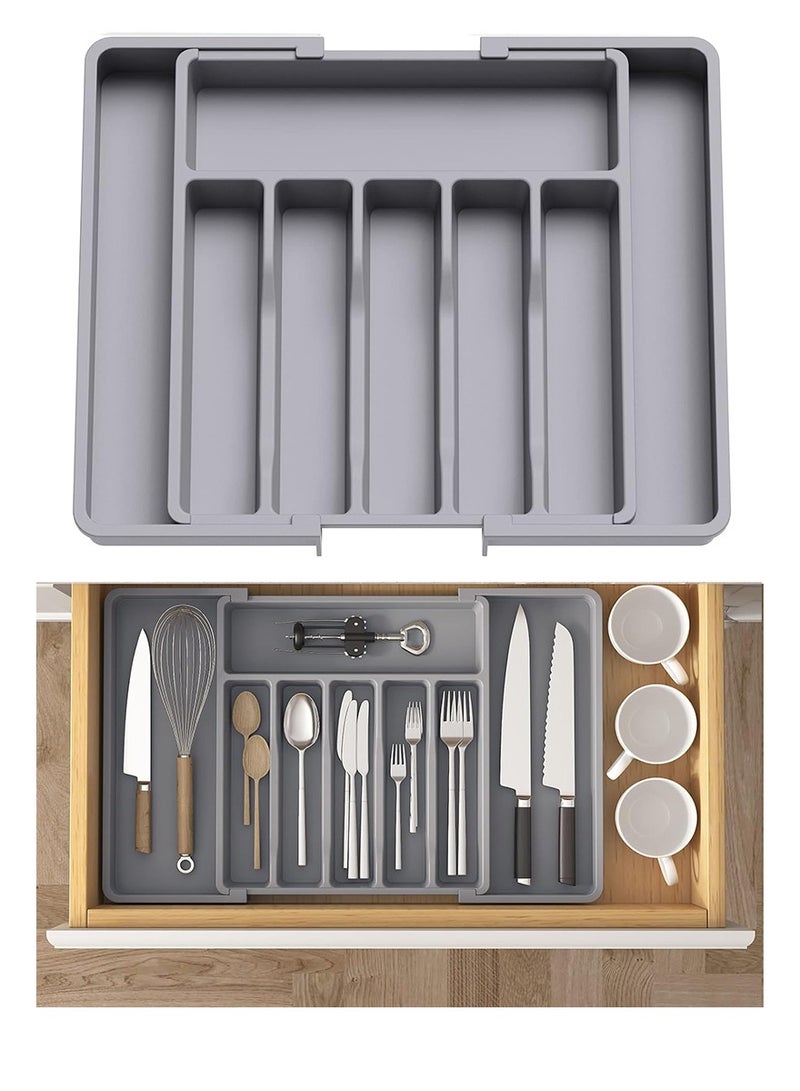 Silverware Drawer Organizer, Expandable Utensil Tray for Kitchen, Adjustable Flatware and Cutlery Holder, Compact Plastic Storage for Spoons Forks Knives, Large, Safe Grade Finis - Image 1